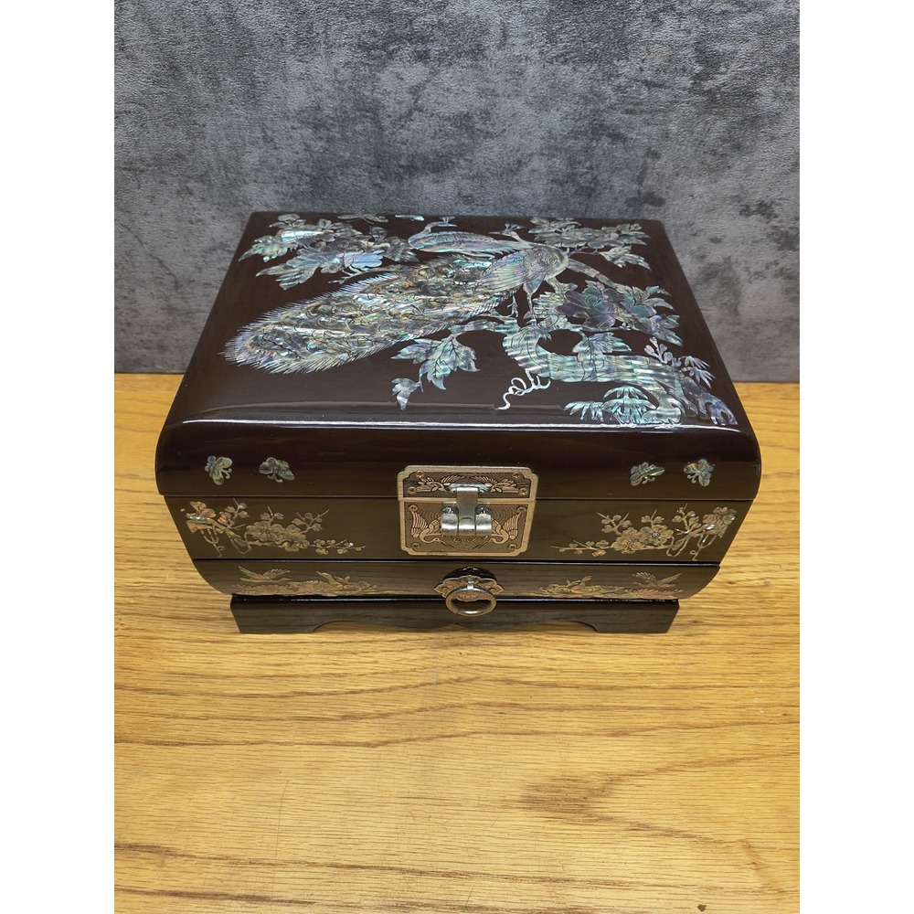 Old Korea Wood Lacquerware Fengshui Peacock‎ Butterfly Tree Jewelry Box